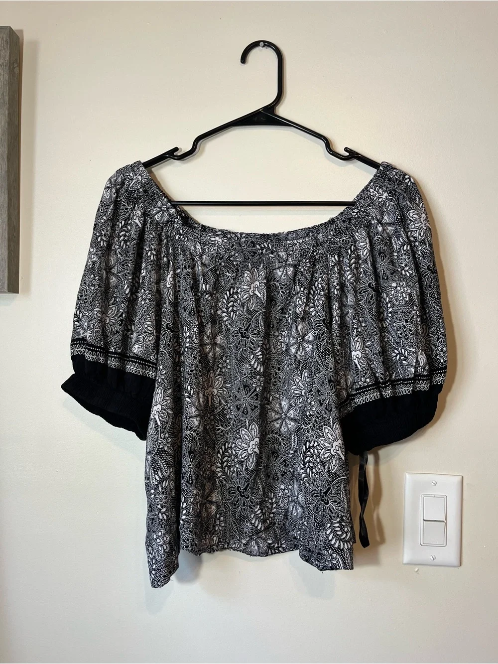 LOFT Black and White Floral Off-Shoulder Peasant Top
